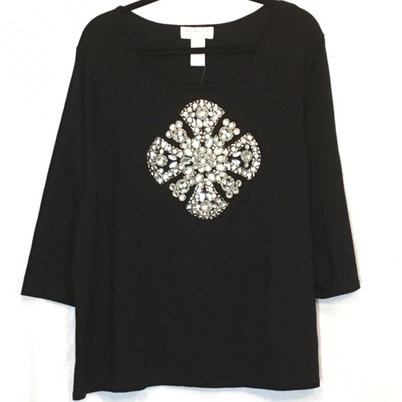 Victor Costa Tops - Victor Costs Black Embellished 3/4 Sleeve Knit Top